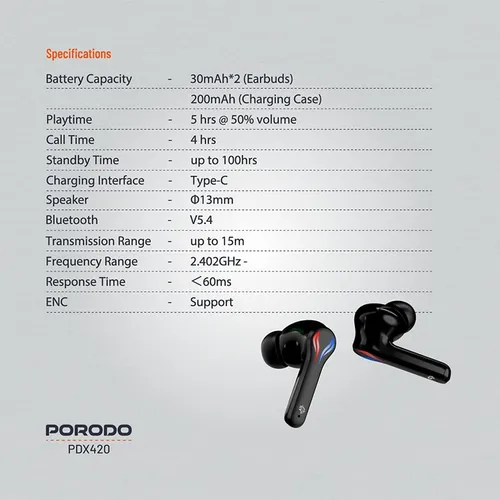 Porodo PDX420 Ultra Low-Latency Dual Mic RGB Gaming Earbuds