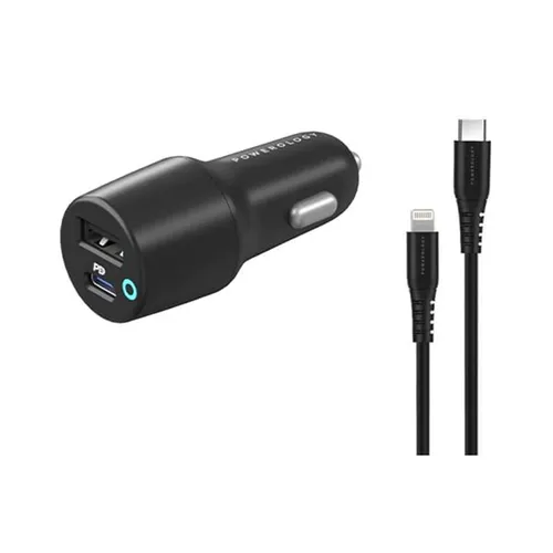 Powerology 32W Dual Port USB Car Charger with Type-C to Lightning Cable