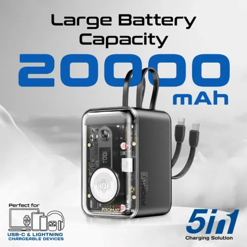 Promate Mavrix 20 20000mAh 65W Transparent Power Bank