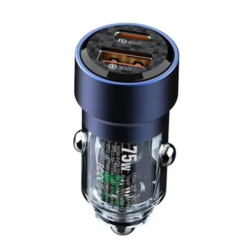 Recci RCC-N15 75W Dual Port PD Car Charger With 45W USB-C + 30W USB-A Ports