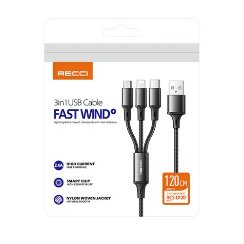 Recci RCS-D120 Fast Wind Series 3 In 1 USB-A To Lightning – Type-C – Micro Charging Data Cable 1.2M