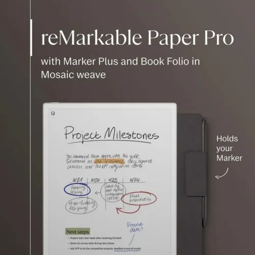 reMarkable 11.8″ Paper Pro with Marker Plus Pen And Mosaic Wave Basalt Folio Book Cover