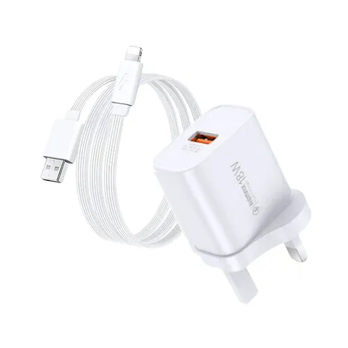 Remax RP-U119 Kiddy Series 18W USB-A UK 3 Pin Fast Charger with Lightning Cable