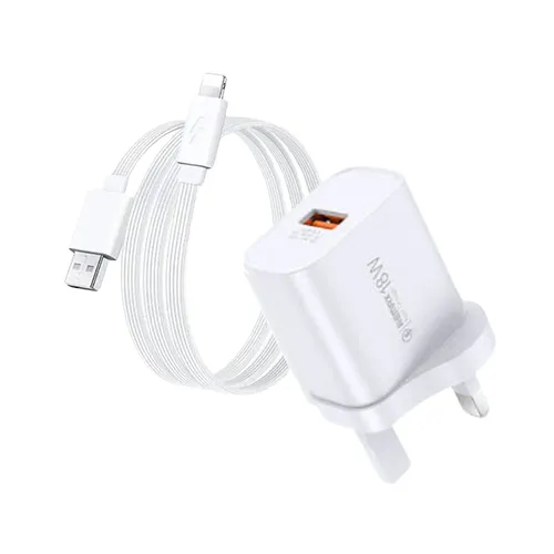 Remax RP-U119 Kiddy Series 18W USB-A UK 3 Pin Fast Charger with Lightning Cable