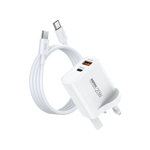 Remax RP-U120 20W USB-A + USB-C Fast UK 3 Pin Charger with Type-C to Type-C Cable