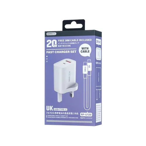 Remax RP-U120 20W USB-A + USB-C Fast UK 3 Pin Charger with Type-C to Type-C Cable