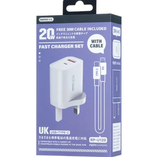 Remax RP-U120 20W USB-A + USB-C UK 3 Pin Fast Charger with Type-C to Lightning Cable