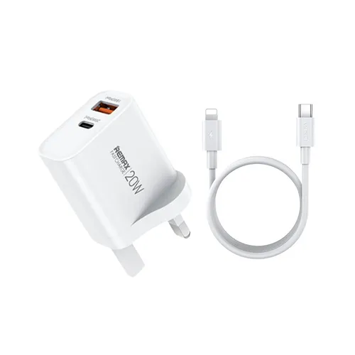 Remax RP-U120 20W USB-A + USB-C UK 3 Pin Fast Charger with Type-C to Lightning Cable