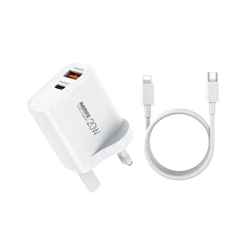 Remax RP-U120 20W USB-A + USB-C UK 3 Pin Fast Charger with Type-C to Lightning Cable