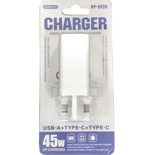 Remax RP-U139 Kiddy Series 45W 2 Type-C + 1 USB-A UK 3 Pin Fast Charger