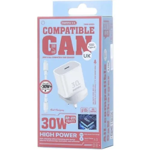 Remax RP-U71 Figen Series 30W GaN USB-C UK 3 Pin Fast Charger with Type-C to Type-C Cable