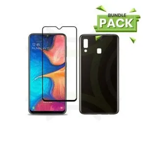 Samsung Galaxy A20 + Full Glue Tempered Glass + Back Cover – Bundle Pack