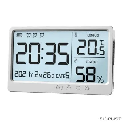 Simplist Hygro Rechargeable Digital Alarm Clock with Backlight with Date, Humid and Temperature Display
