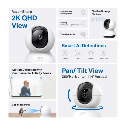 TP-Link Tapo C220 Pan/Tilt Smart AI 2K 4MP QHD 1440p Home Security Wi-Fi Camera