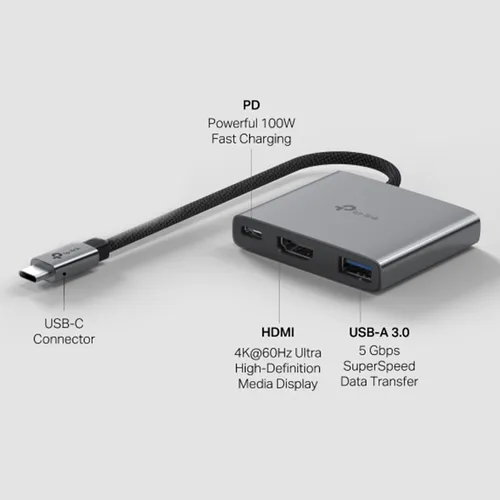 TP-Link UH3020C USB Type-C to 4K@60Hz HDMI, 100W PD, 1× USB-A 3 Port Hub Adapter