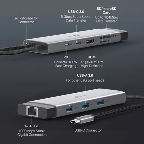 TP-Link UH9120C USB Type-C to 4K@60Hz HDMI, 1 Gbps Ethernet Port, SD & microSD UHS-I, 100W Power Delivery, 1× USB-C Data Ports, 3× USB-A Data Ports 9-Port Hub Adapter