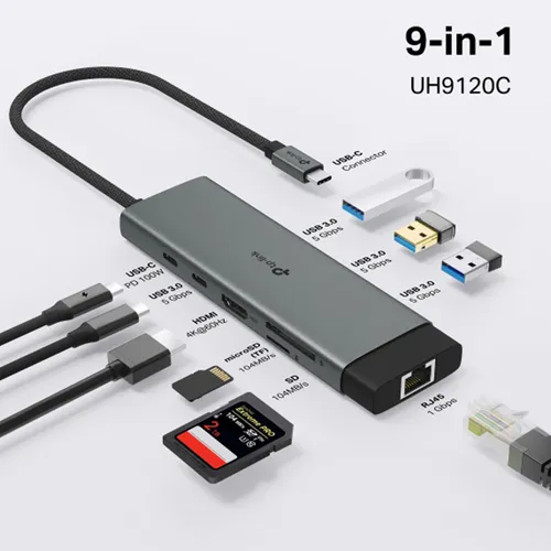 TP-Link UH9120C USB Type-C to 4K@60Hz HDMI, 1 Gbps Ethernet Port, SD &amp; microSD UHS-I, 100W Power Delivery, 1× USB-C Data Ports, 3× USB-A Data Ports 9-Port Hub Adapter