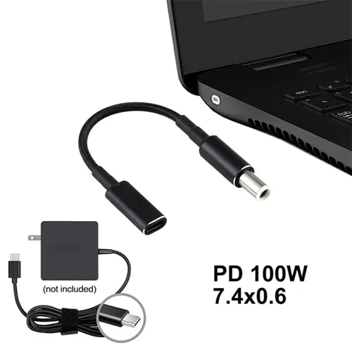 Type-C PD 100W Female Input to Dell 7.4x0.6mm DC Tip Power Charging Cable Adapter