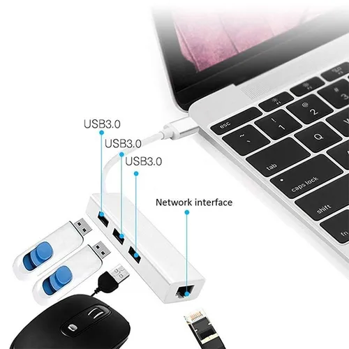 Type-C to RJ45 Ethernet Port + 3 Port USB Hub Adapter