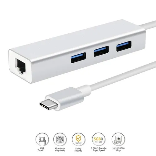Type-C to RJ45 Ethernet Port + 3 Port USB Hub Adapter