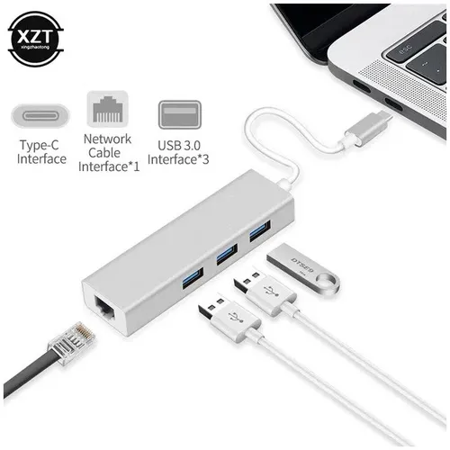Type-C to RJ45 Ethernet Port + 3 Port USB Hub Adapter