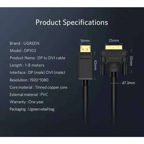 UGREEN 10221 DP Male to DVI Male 1080@60Hz 2M Cable