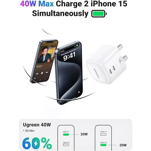UGREEN 10344 40W Dual Type-C UK Pin Fast Charger