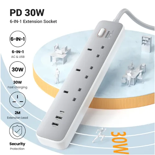 UGREEN 15461 3-Outlet Surge Protection Extension Code with 30W Type-C Port + Dual USB Ports