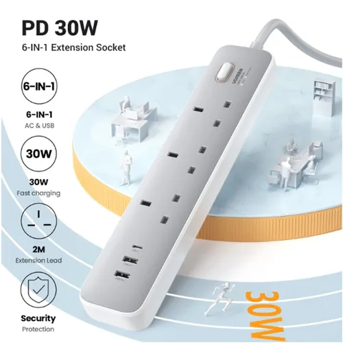 UGREEN 15461 3-Outlet Surge Protection Extension Code with 30W Type-C Port + Dual USB Ports