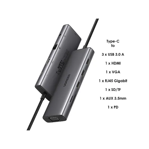 UGREEN 15601 10-in-1 Type-C to 3xUSB 3.0 + 4K HDMI + VGA + RJ45 Ethernet + SD/TF + 3.5mm AUX + PD USB-C Hub Adapter