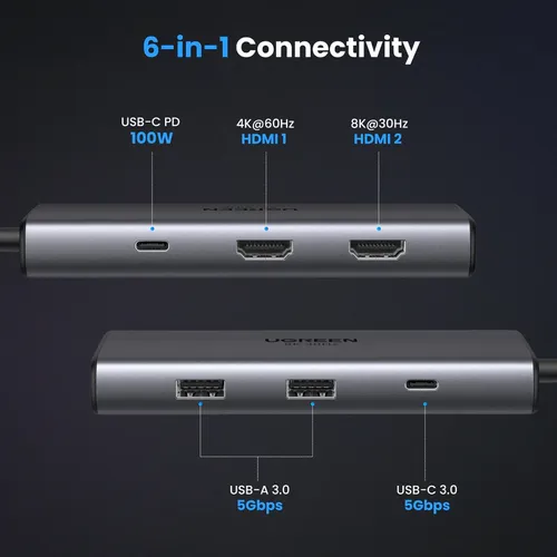 UGREEN 15852 Revodok 206 6 in 1 Type-C to 2xUSB 3.0 + USB-C 3.0 + 2xHDMI + PD USB-C Hub Adapter