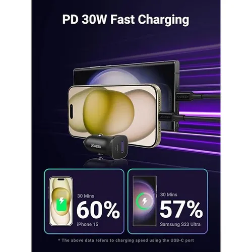 UGREEN 25045 30w Type-C +USB Dual Port Car Charger