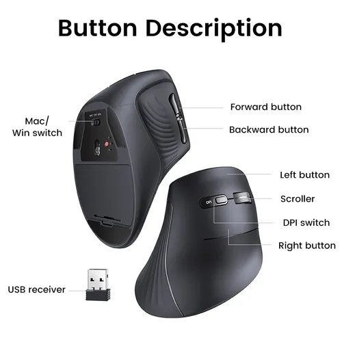 UGREEN 25444 Vertical Mouse Wireless (Bluetooth 5.0+2.4G) 4000 DPI Max Ergonomic Mouse with 5 Buttons