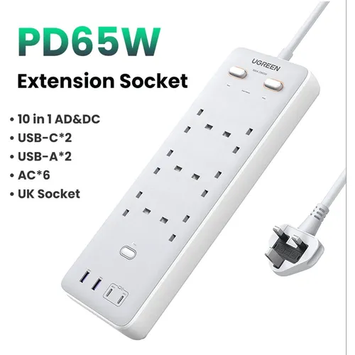 UGREEN 35011 65W 6-Outlet Surge Protector Master Switch Extension Cord With Dual Type-C Port + Dual USB Ports