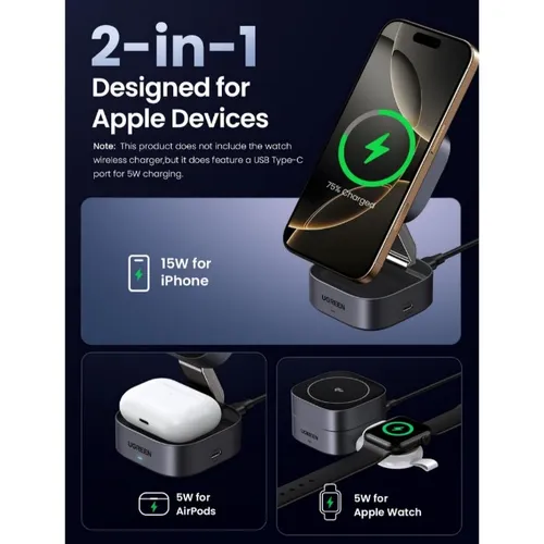 UGREEN 35316 MagFlow 2-in-1 15W Qi2 Wireless Charger