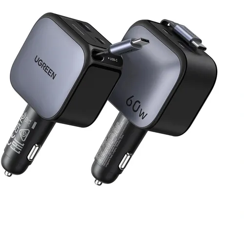 UGREEN 55212B Retractable Cable With Type-C+USB 60W Car Charger