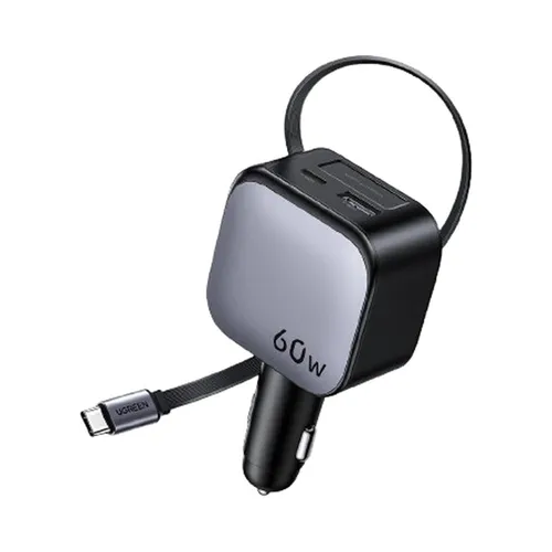 UGREEN 55212B Retractable Cable With Type-C+USB 60W Car Charger
