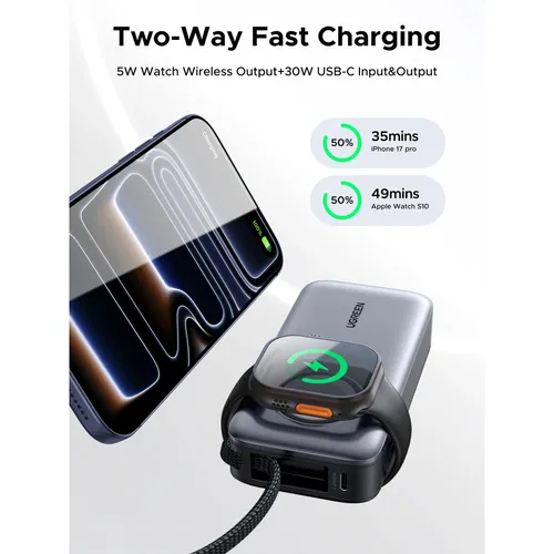 UGREEN 55434B 30W 10000mAh with Magnetic Apple Watch &amp; Inbuilt Type-C Cable Fast Charger Power Bank