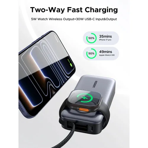 UGREEN 55434B 30W 10000mAh with Magnetic Apple Watch &amp; Inbuilt Type-C Cable Fast Charger Power Bank