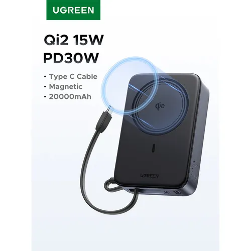 UGREEN 55450B 30W 20000mAh QI2 Magnetic Wireless Power Bank With built-in Type-C Cable