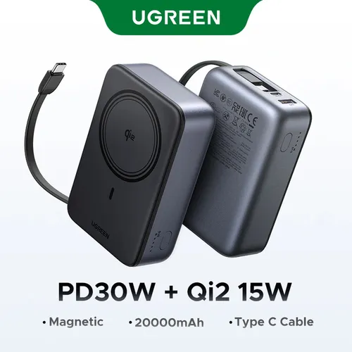 UGREEN 55450B 30W 20000mAh QI2 Magnetic Wireless Power Bank With built-in Type-C Cable