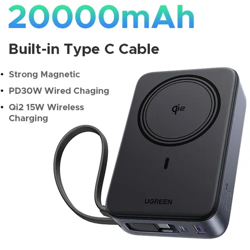 UGREEN 55450B 30W 20000mAh QI2 Magnetic Wireless Power Bank With built-in Type-C Cable
