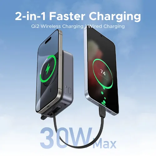 UGREEN 55450B 30W 20000mAh QI2 Magnetic Wireless Power Bank With built-in Type-C Cable