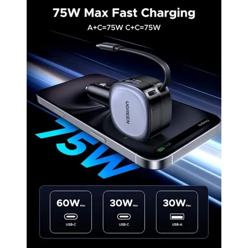 UGREEN 55653 75W 3-Port Car Charger Adapter