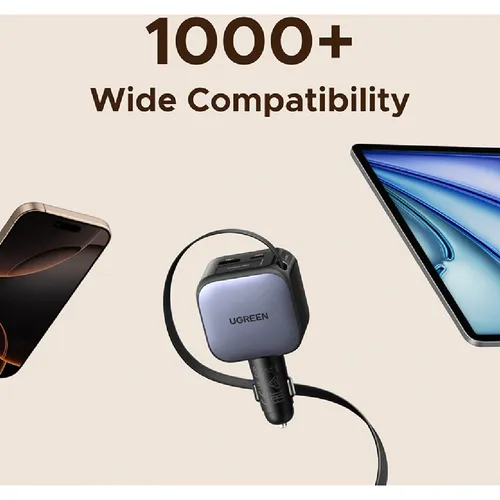 UGREEN 55909B 90W 1xUSB-A + 1xUSB-C Fast Car Charger with Retractable Cable