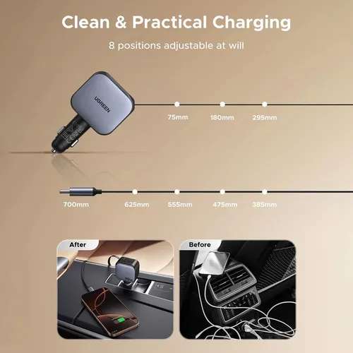 UGREEN 55909B 90W 1xUSB-A + 1xUSB-C Fast Car Charger with Retractable Cable