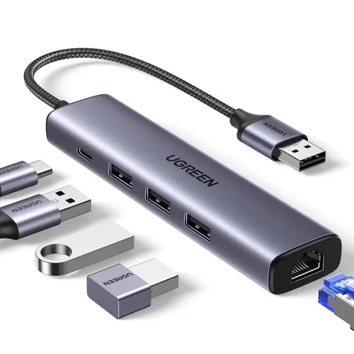 UGREEN 60554 USB 3.0 to Ethernet Adapter, 5 in 1 Multiport Hub with Gigabit RJ45 and Type-C Power Port