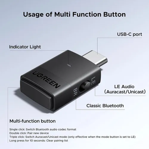 UGREEN 65708 Type-C Bluetooth Transmitter Audio Adapter / Bluetooth Classic &amp; LE Audio Dual Mode