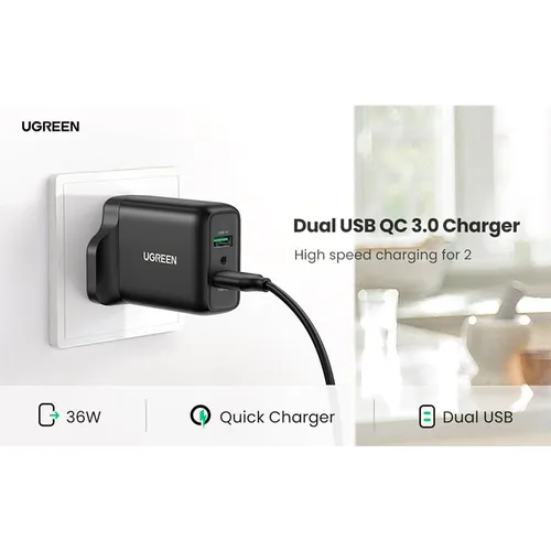 UGREEN 70164 36W  USB Dual QC 3.0 Port Quick Wall Charger
