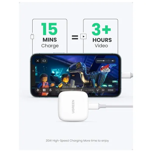 UGREEN 70297 20W Type-C PD UK 3 Pin Fast Charger with USB-C to Lightning Cable